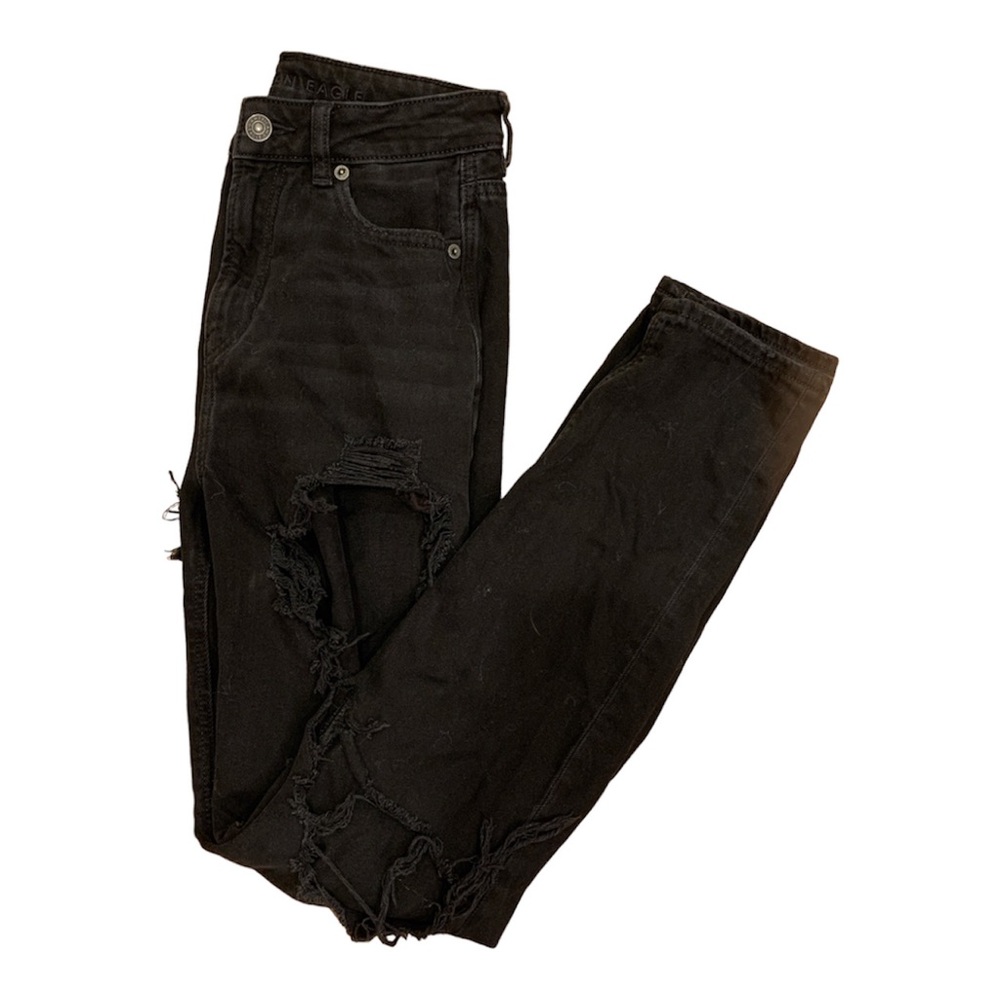 american eagle 0 long black distressed mom jean